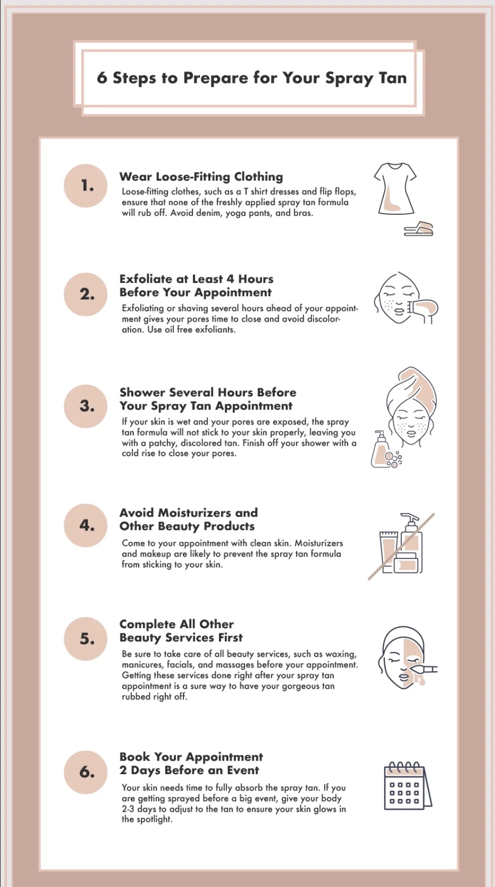 Chart of six spray tan preparation tips